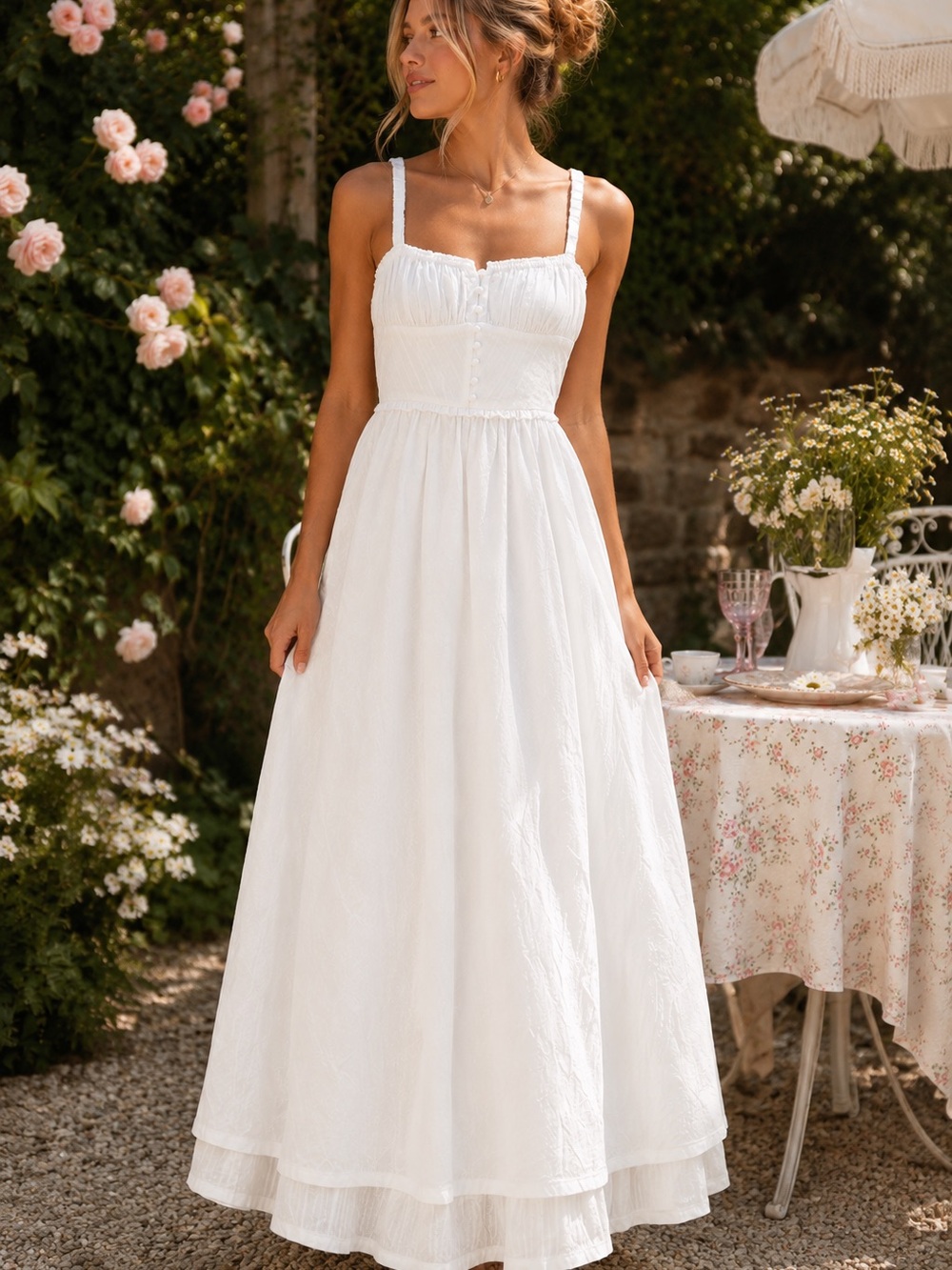 Commense White Sundress with Button-Front Bodice cottagecore maxi size large
